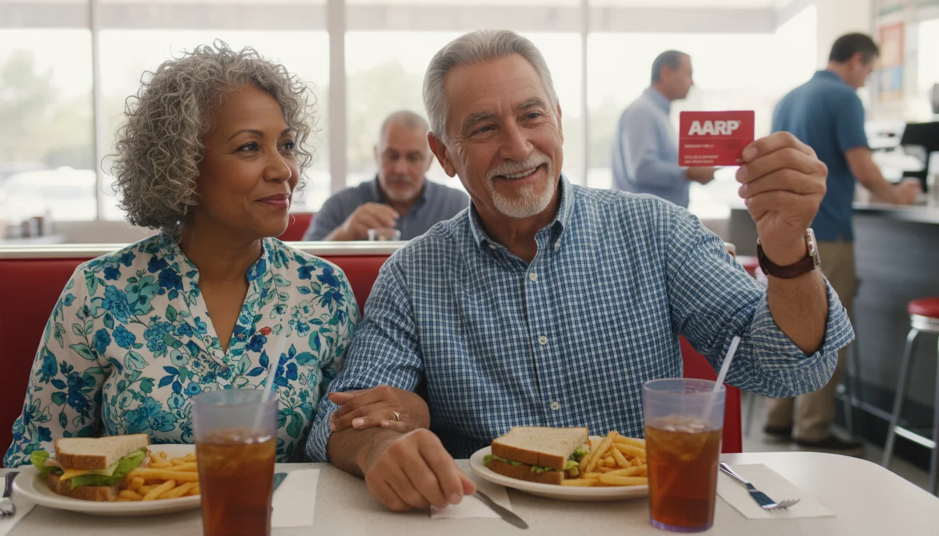 A smiling older diverse couple sits at a diner booth, the man holding up an AARP card while his partner looks at him.