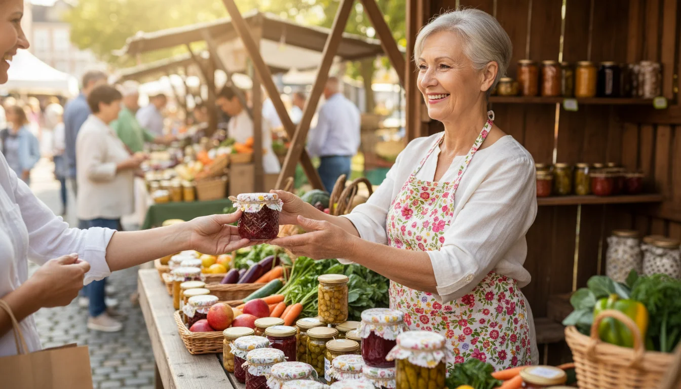 A smiling older woman in a floral apron hands homemade jam to a customer at a bustling outdoor farmers' market stall.