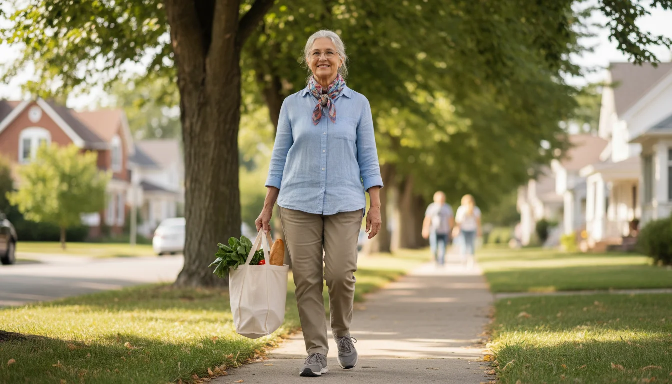 A smiling older woman in her 70s confidently walks along a tree-lined sidewalk, holding a reusable grocery bag with a strong, natural grip.
