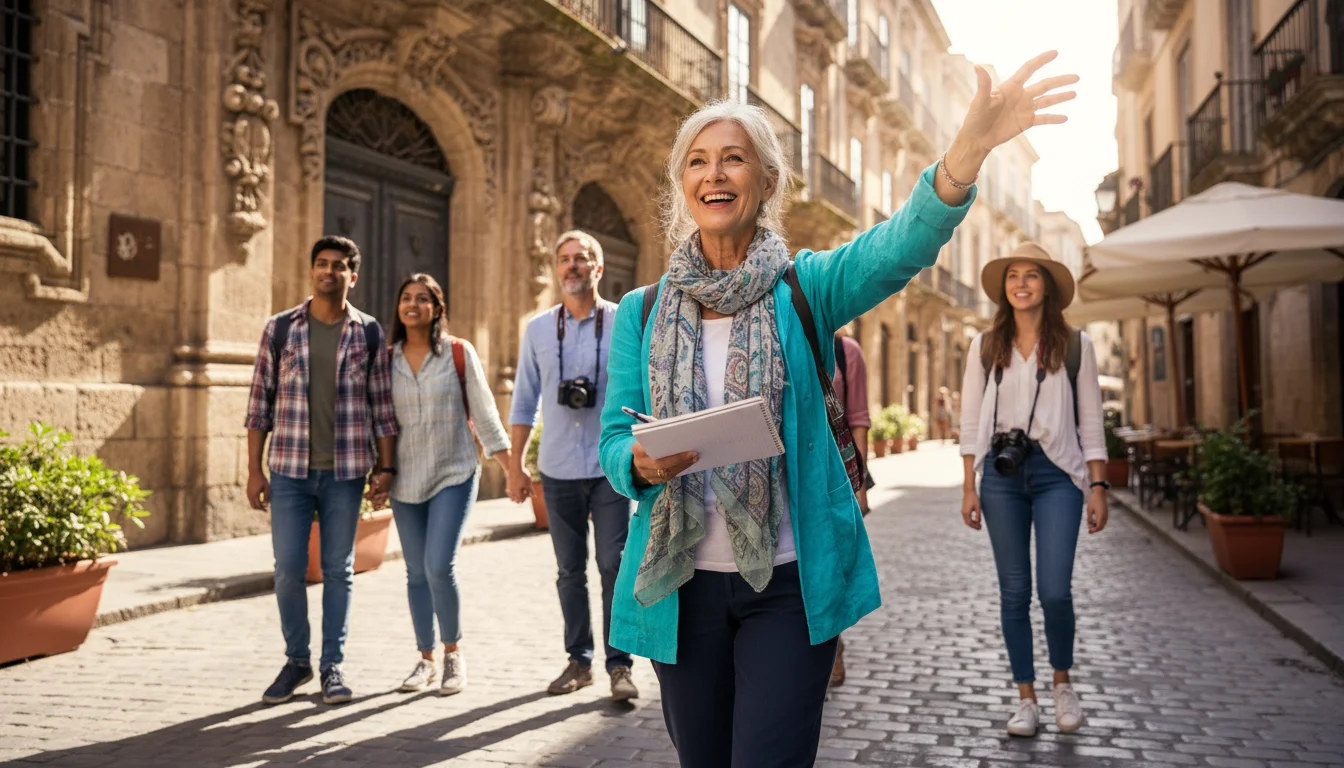 A smiling older woman with silver hair leads a walking tour, pointing out a historic building to an attentive small group on a cobblestone street.