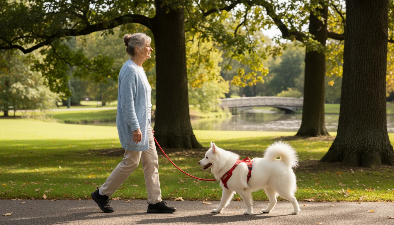 A smiling older woman in walking shoes and a light cardigan gently walks her fluffy white dog on a paved park path.