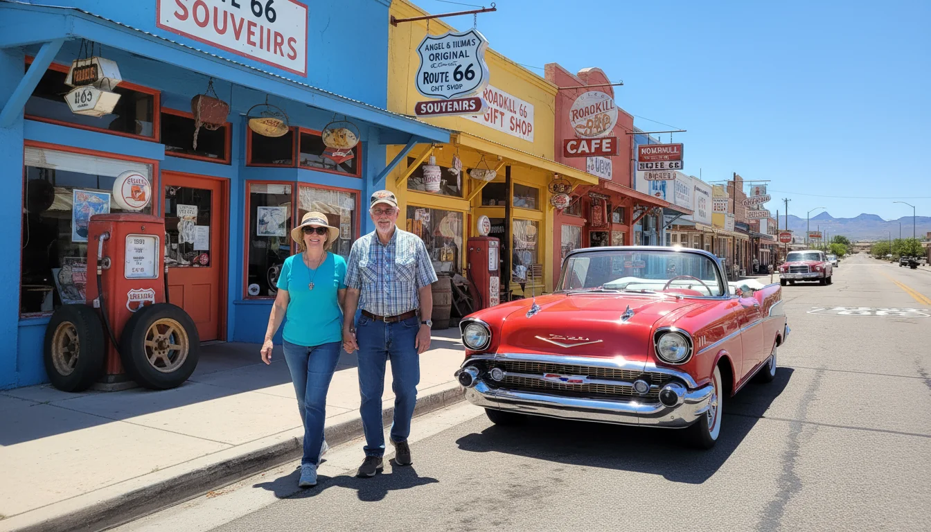A smiling retired couple walks hand-in-hand past a vibrant classic car and quirky shops on Route 66 in Seligman, Arizona.