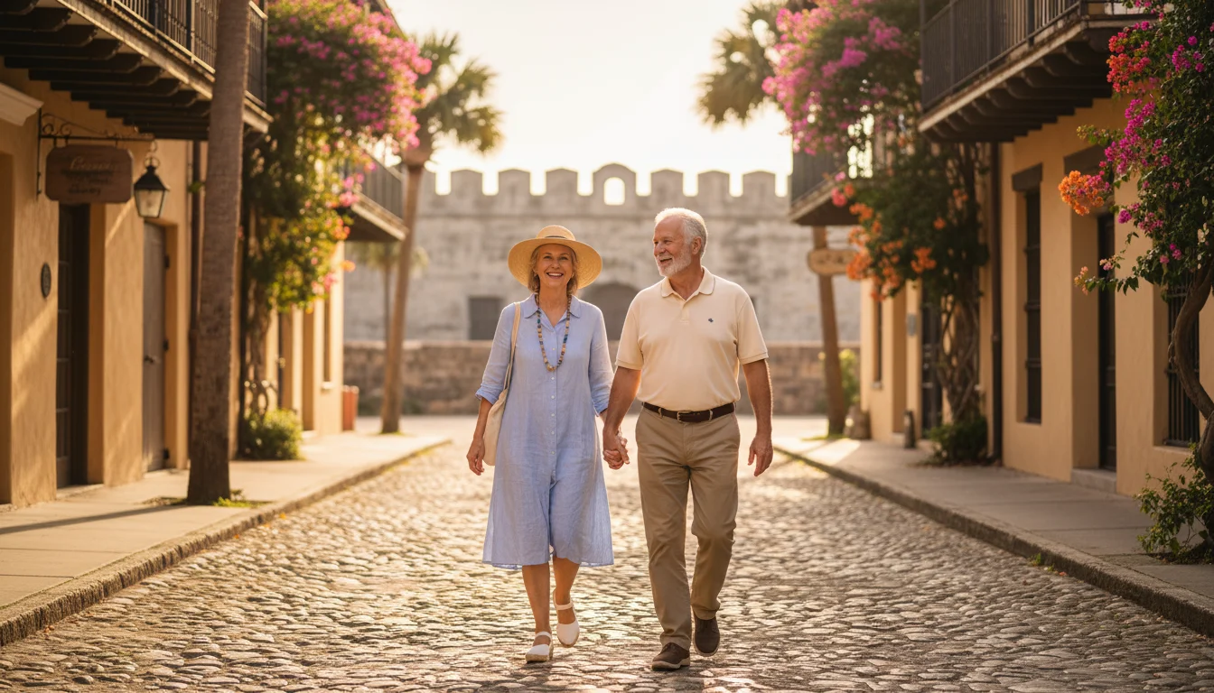 A smiling senior couple holds hands while walking on a cobblestone street in historic St. Augustine, Florida, with old buildings and bougainvillea.