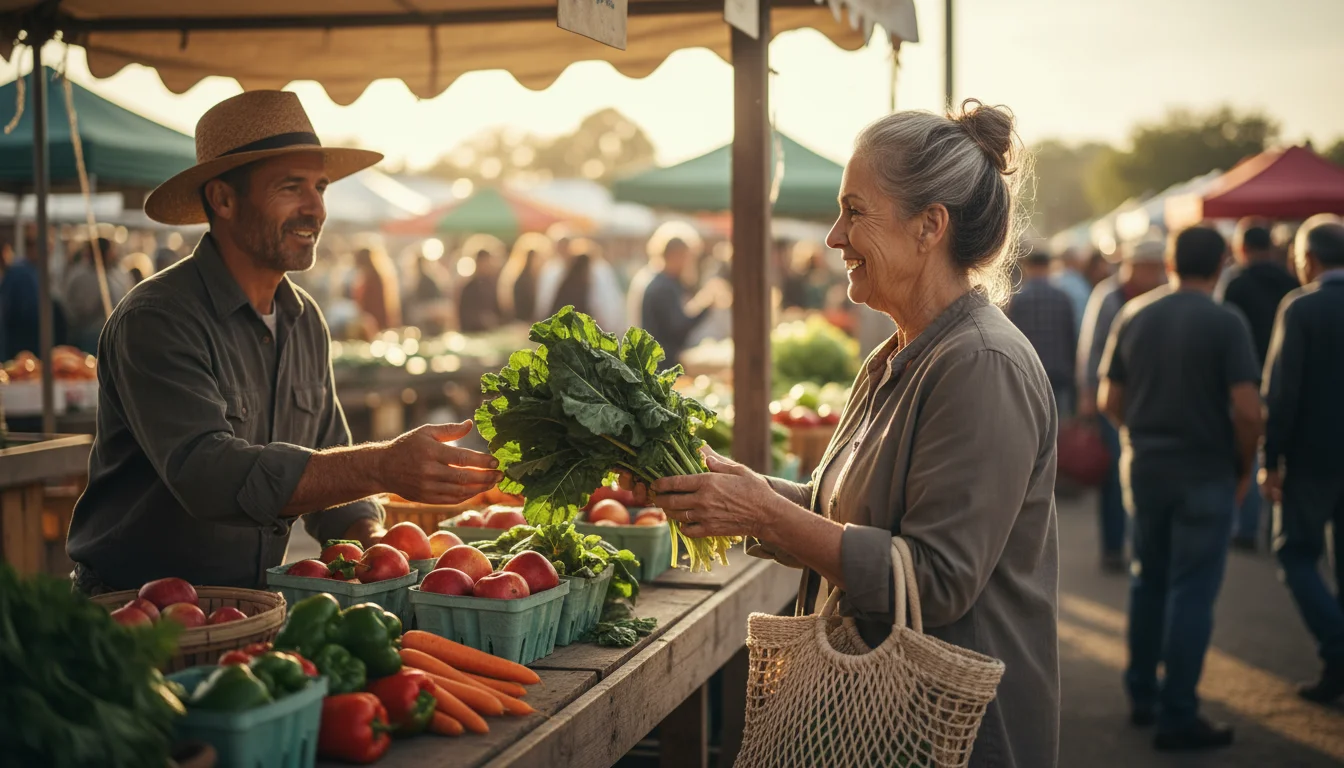 A smiling senior woman accepts fresh leafy greens from a farmer at a sunlit market stall.
