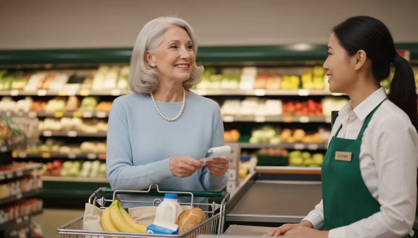A smiling senior woman holds a receipt at a grocery store checkout, making friendly eye contact with the equally cheerful cashier.