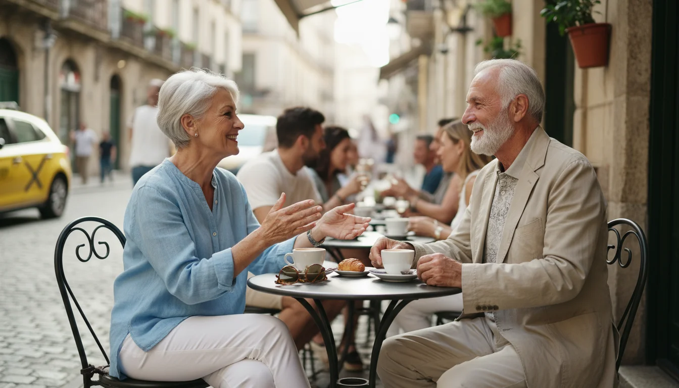A smiling senior woman and man in their 70s converse warmly at an outdoor cafe, with other patrons blurred in a public setting.