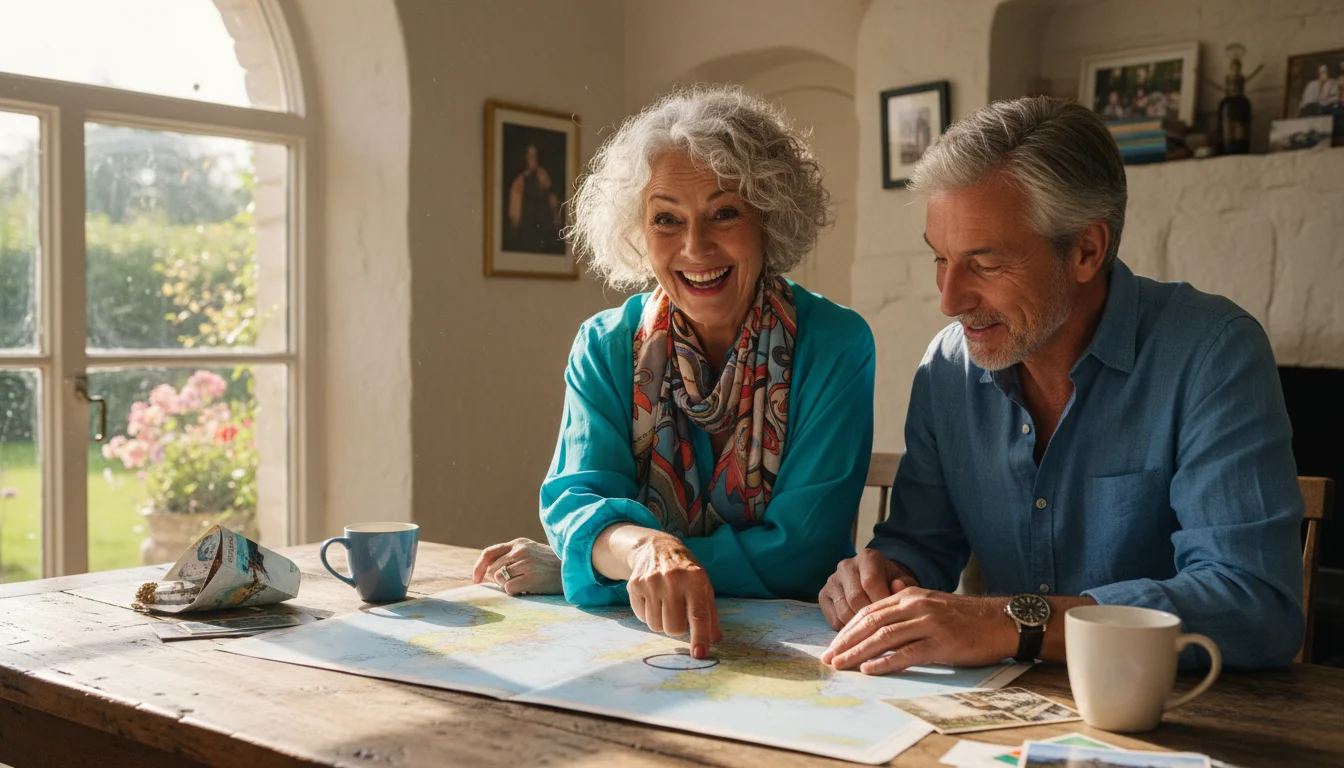 A smiling woman points at a colorful world map with her partner, planning new adventures in a sunlit room.