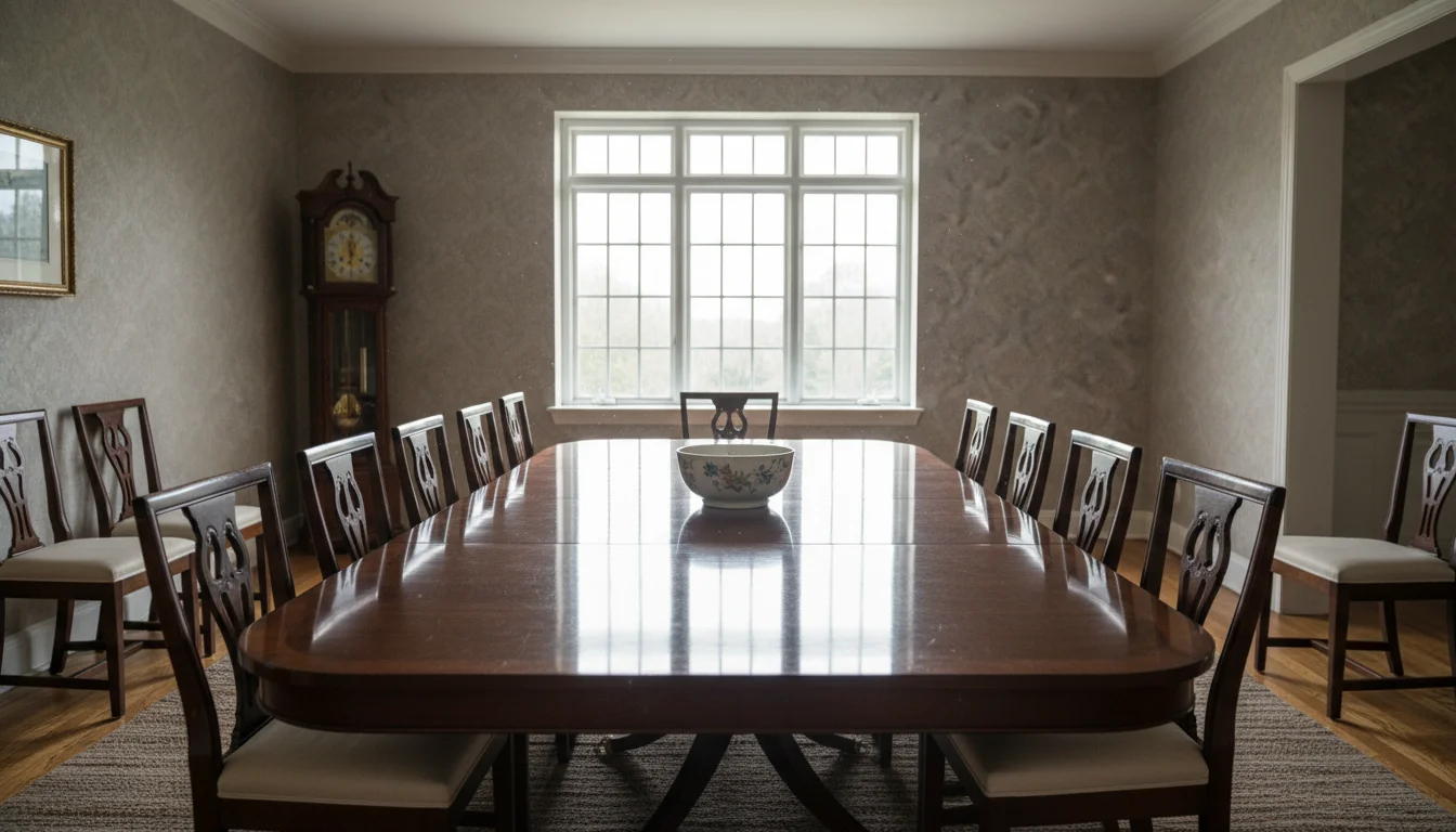A spacious, traditional dining room with a long table, ten chairs, and sunlight filtering through a window, looking quiet and unused.