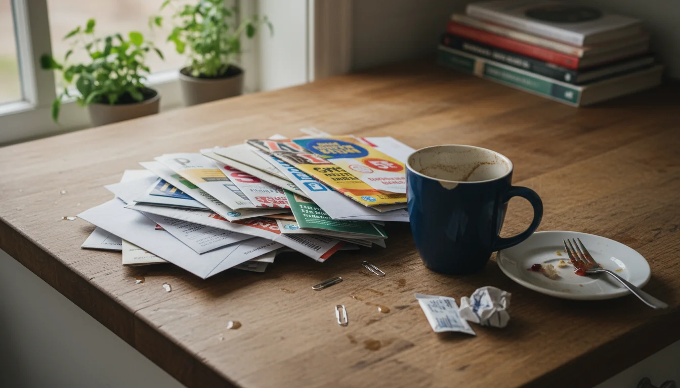 A stack of unopened mail, a dirty coffee mug, an unwashed plate, and reading glasses on a dusty kitchen counter.