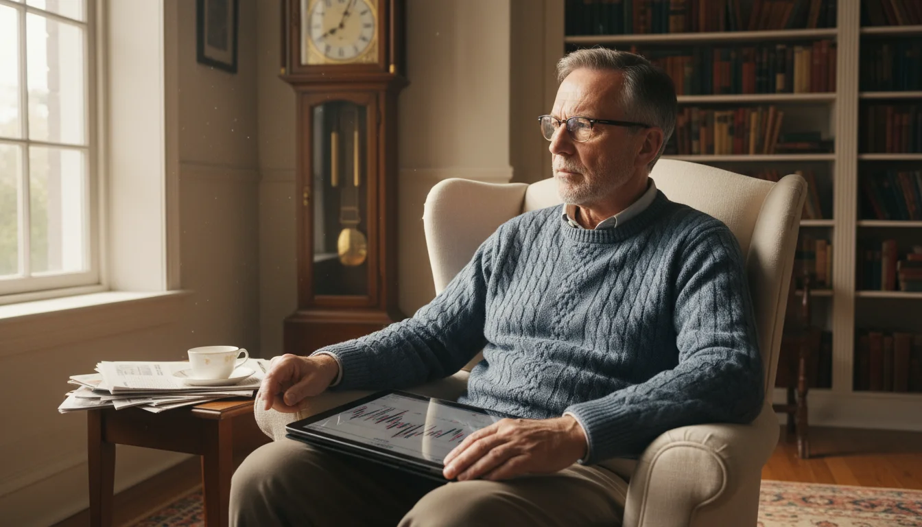 A thoughtful man, late 60s, in a blue sweater, sits in a sunlit living room armchair, gazing out a window with a subtle worried expression. A financia