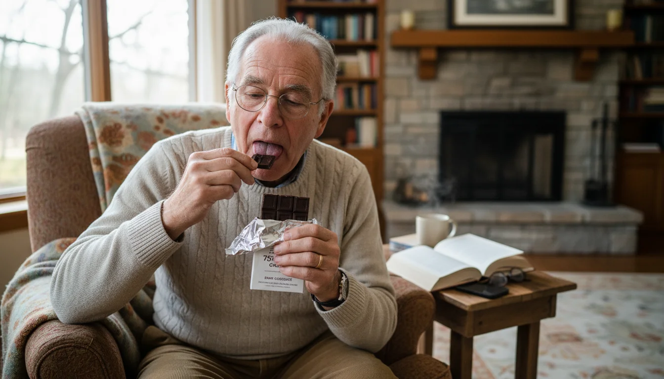 A thoughtful senior man, early 70s, in a cozy living room, delicately putting a small square of dark chocolate into his mouth. A book and a partially