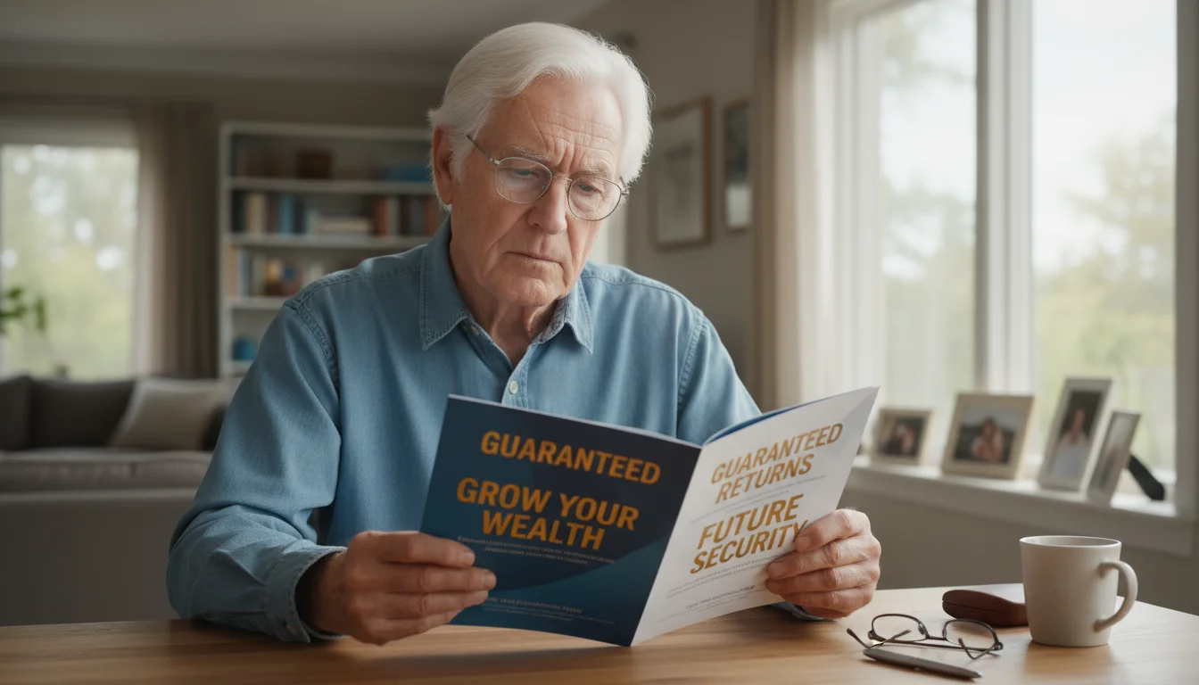 A thoughtful senior man with a slightly furrowed brow reads an investment brochure containing phrases like