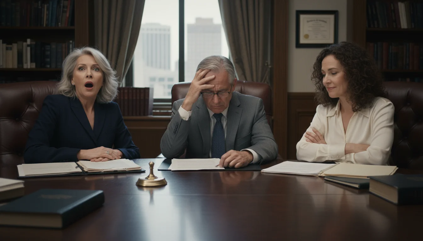 Three adult siblings, two women and one man, show shock and distress while seated around a table with legal papers in a formal office.