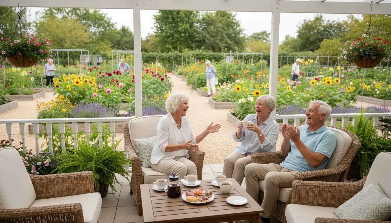 Three cheerful seniors, two women and one man, sharing coffee and laughter on a bright covered veranda overlooking a community garden.