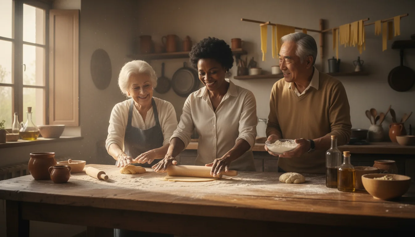Three diverse older adults making fresh pasta, hands covered in flour, smiling and interacting around a wooden table in a sunlit kitchen.