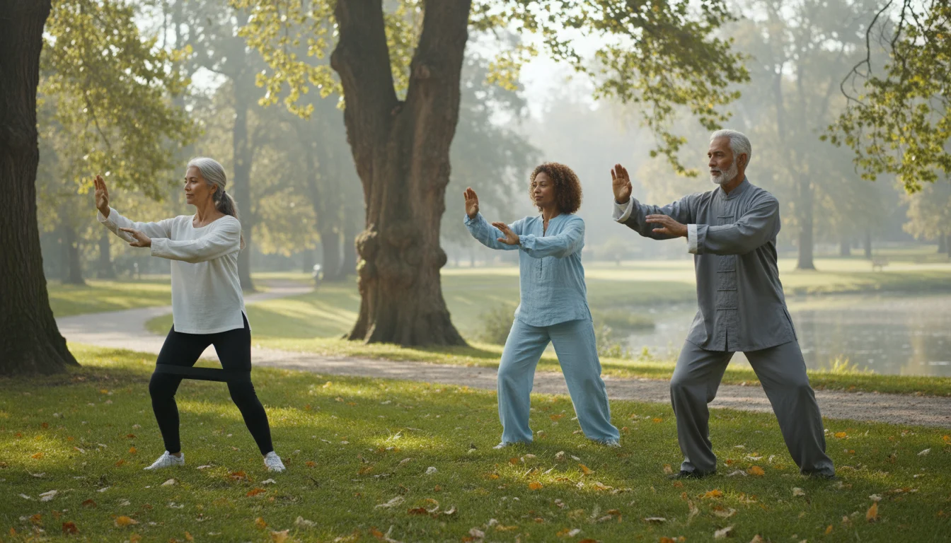 Three diverse older adults performing slow, graceful Tai Chi movements in a sunny park.