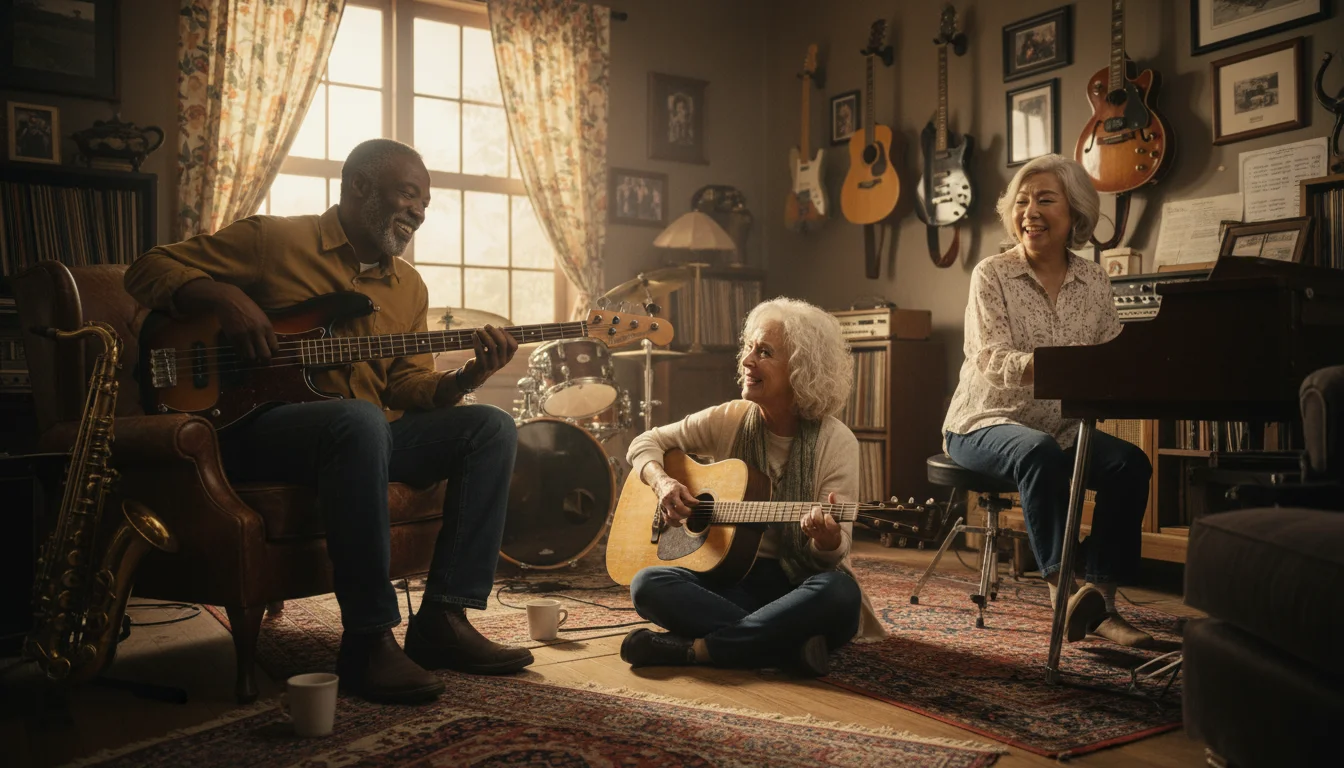 Three diverse older adults, two women and one man, happily playing bass guitar, acoustic guitar, and keyboard together in a home music studio.