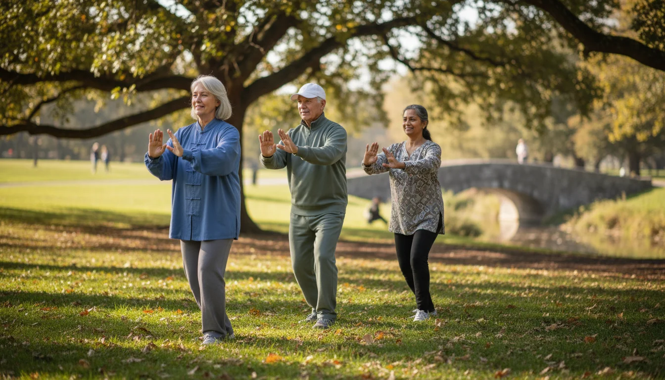 Three diverse seniors (60s-80s) gently practicing Tai Chi outdoors in a park, performing slow, flowing movements.