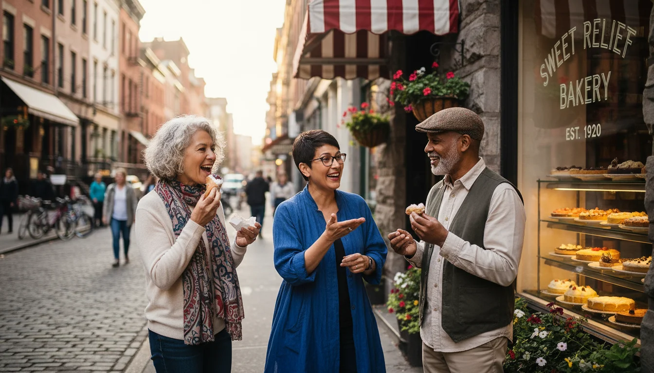 Three diverse seniors, two women and one man, happily sample small pastries outside a bakery on a charming Greenwich Village street.