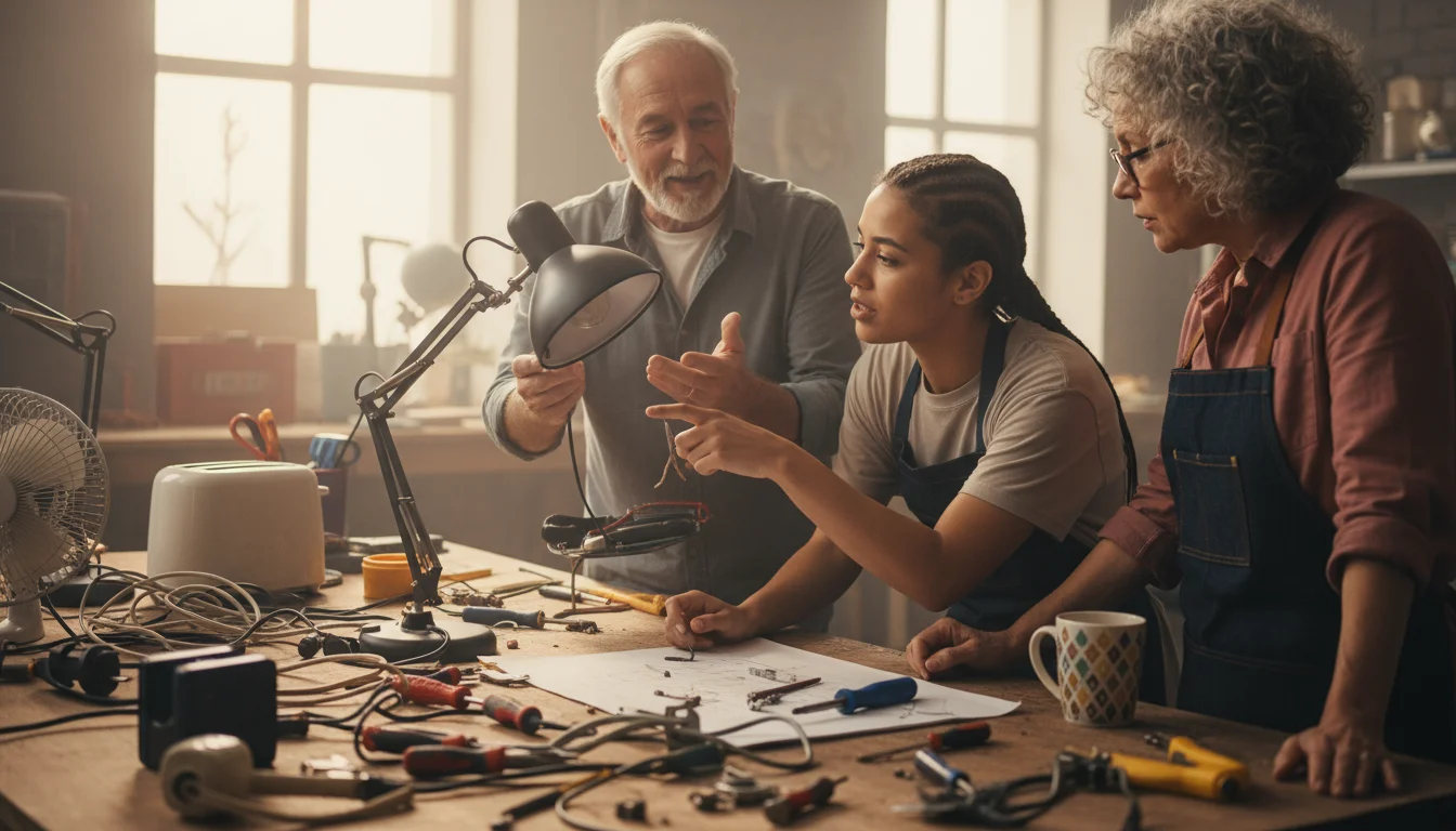 Three diverse volunteers, an older man, younger person, and older woman, collaborate around a workshop bench examining a broken lamp.