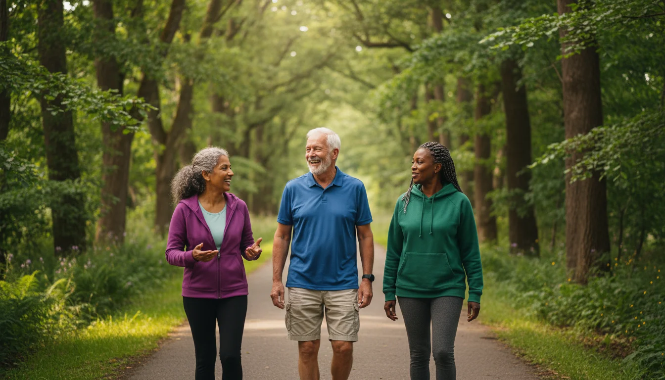 Three happy older adults, two women and one man, walking and talking on a paved park path surrounded by green trees.