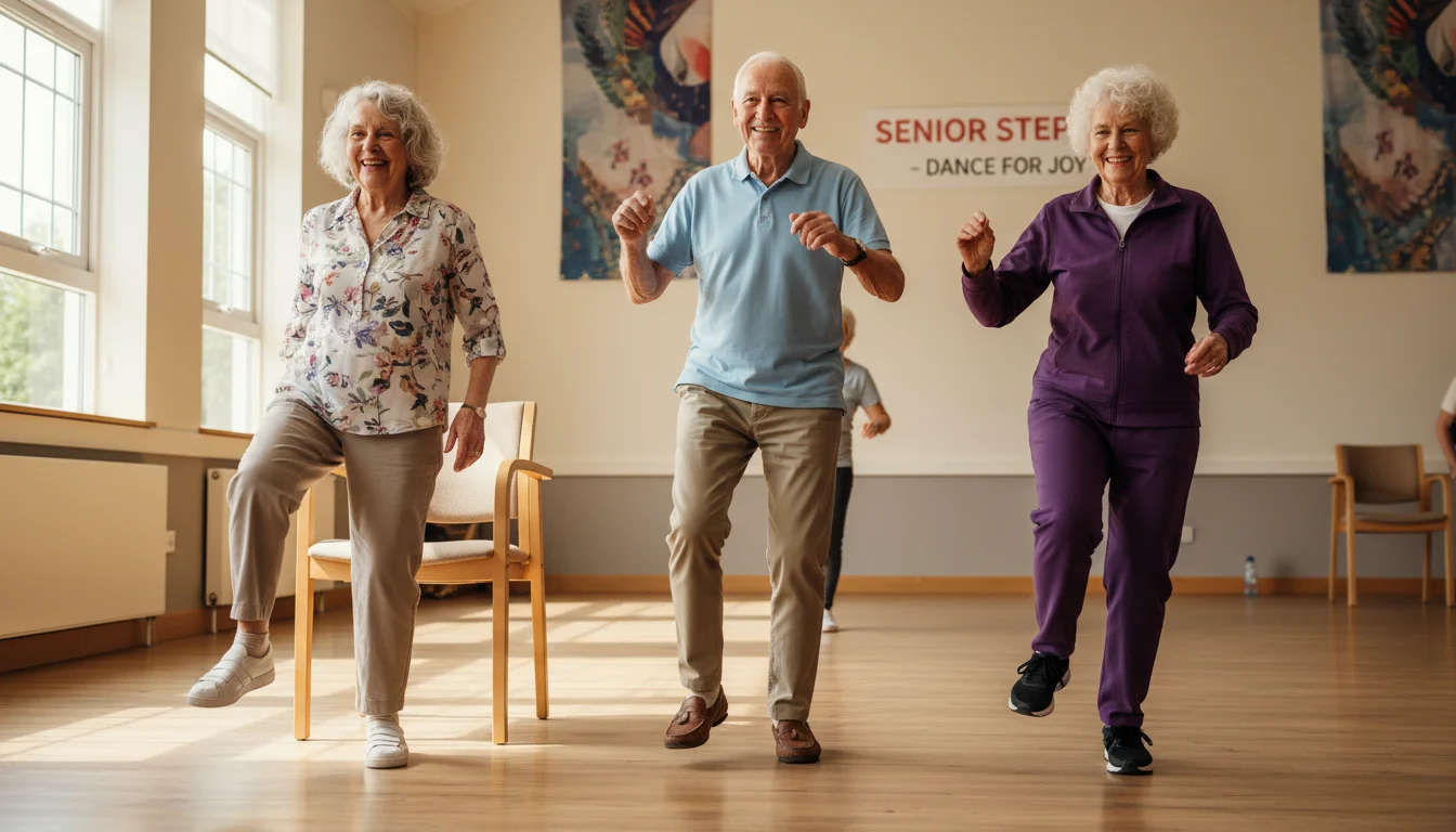 Three joyful seniors learning a simple dance. One woman holds a chair for balance, others move with focused smiles in a bright hall.