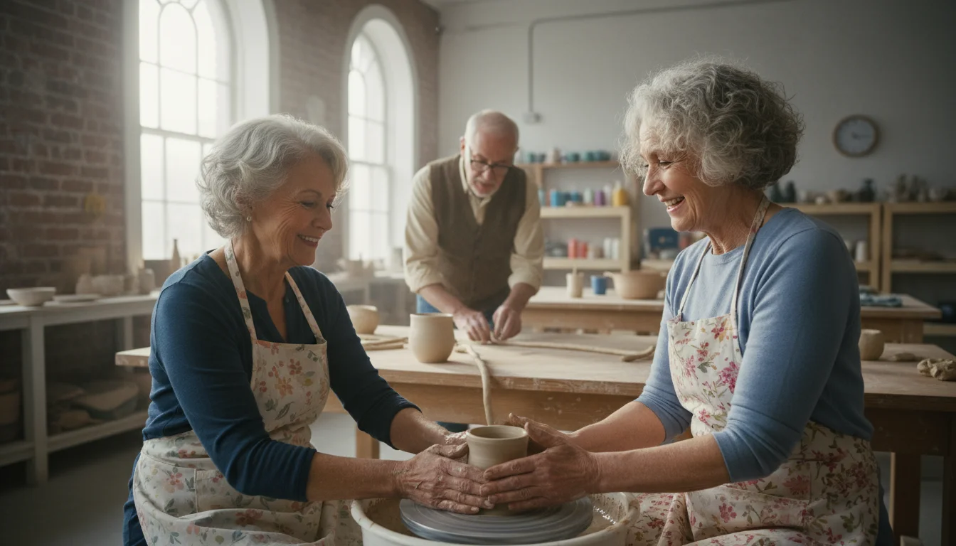 Three older adults in a brightly lit pottery class; two women on a pottery wheel, one guiding the other's hands with smiles; a man hand-building a pot