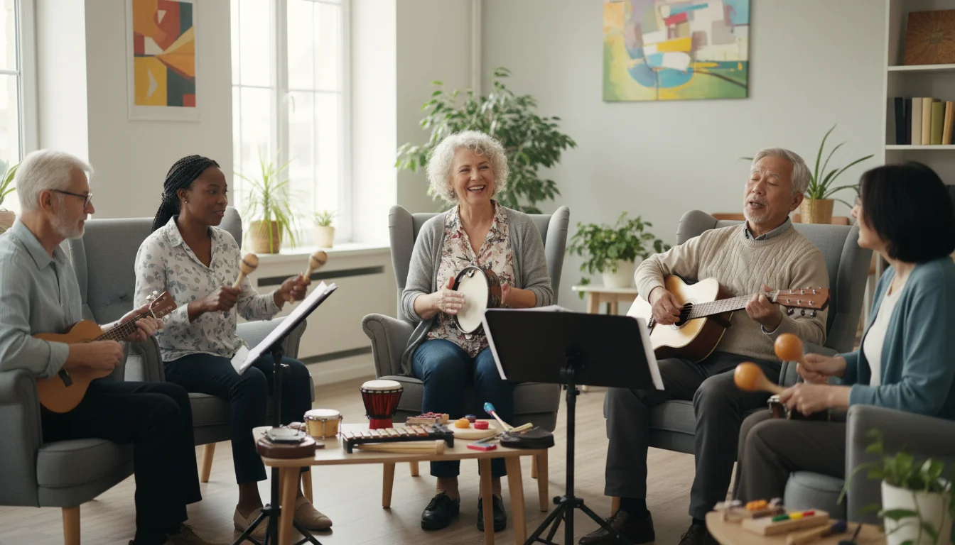 Three older adults, including a woman with a tambourine and a man with eyes closed, participate in a bright music therapy session.