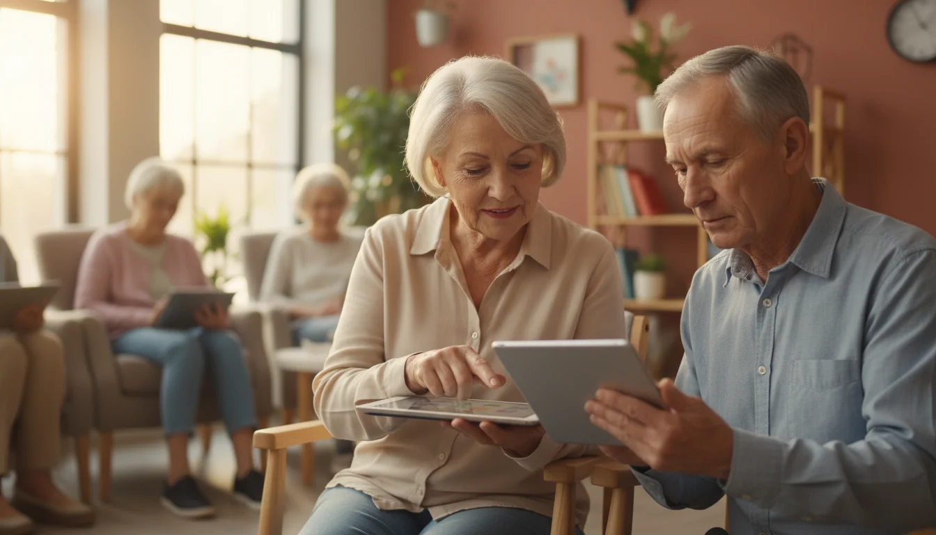 Three older adults learning to use tablets in a bright senior center. An instructor gently guides one woman's hand on a screen while a man watches int