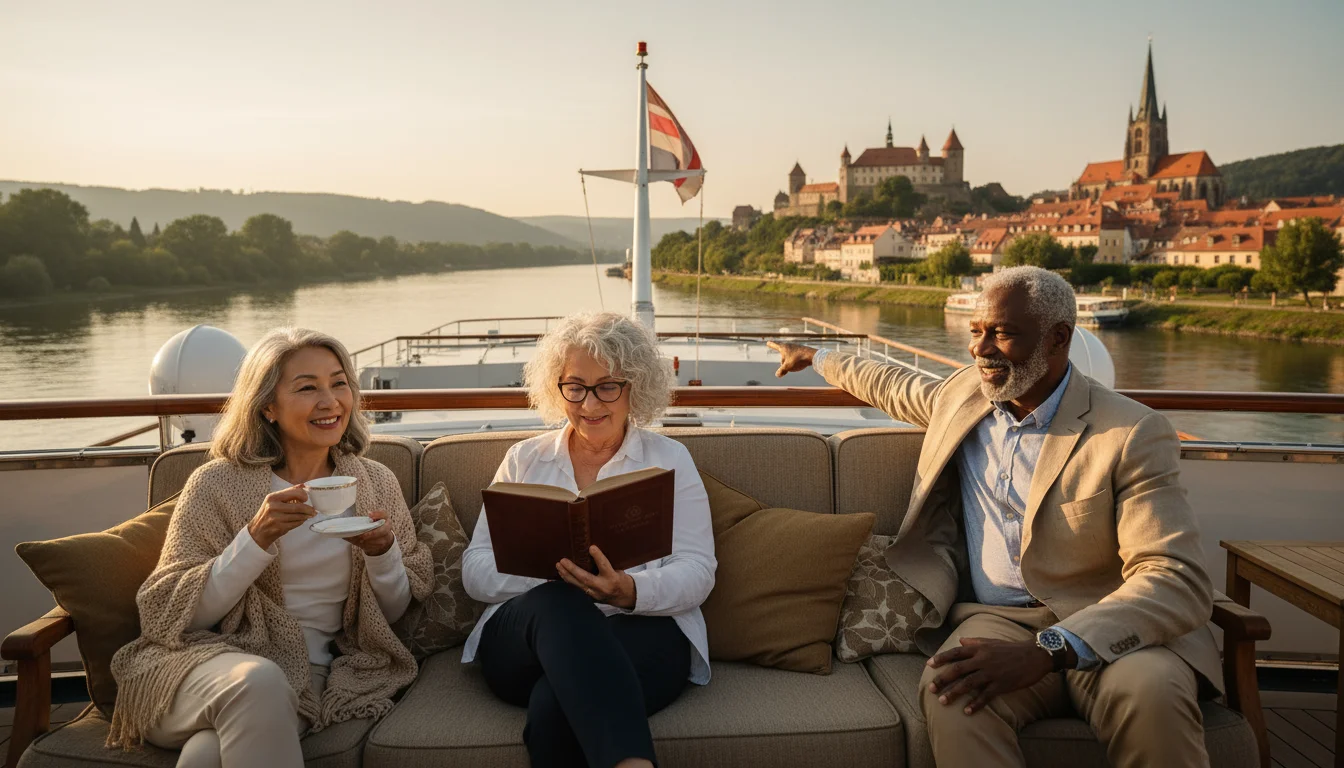 Three older adults relaxing in comfortable chairs on a river cruise ship deck, looking at a picturesque European town and castle along the river.