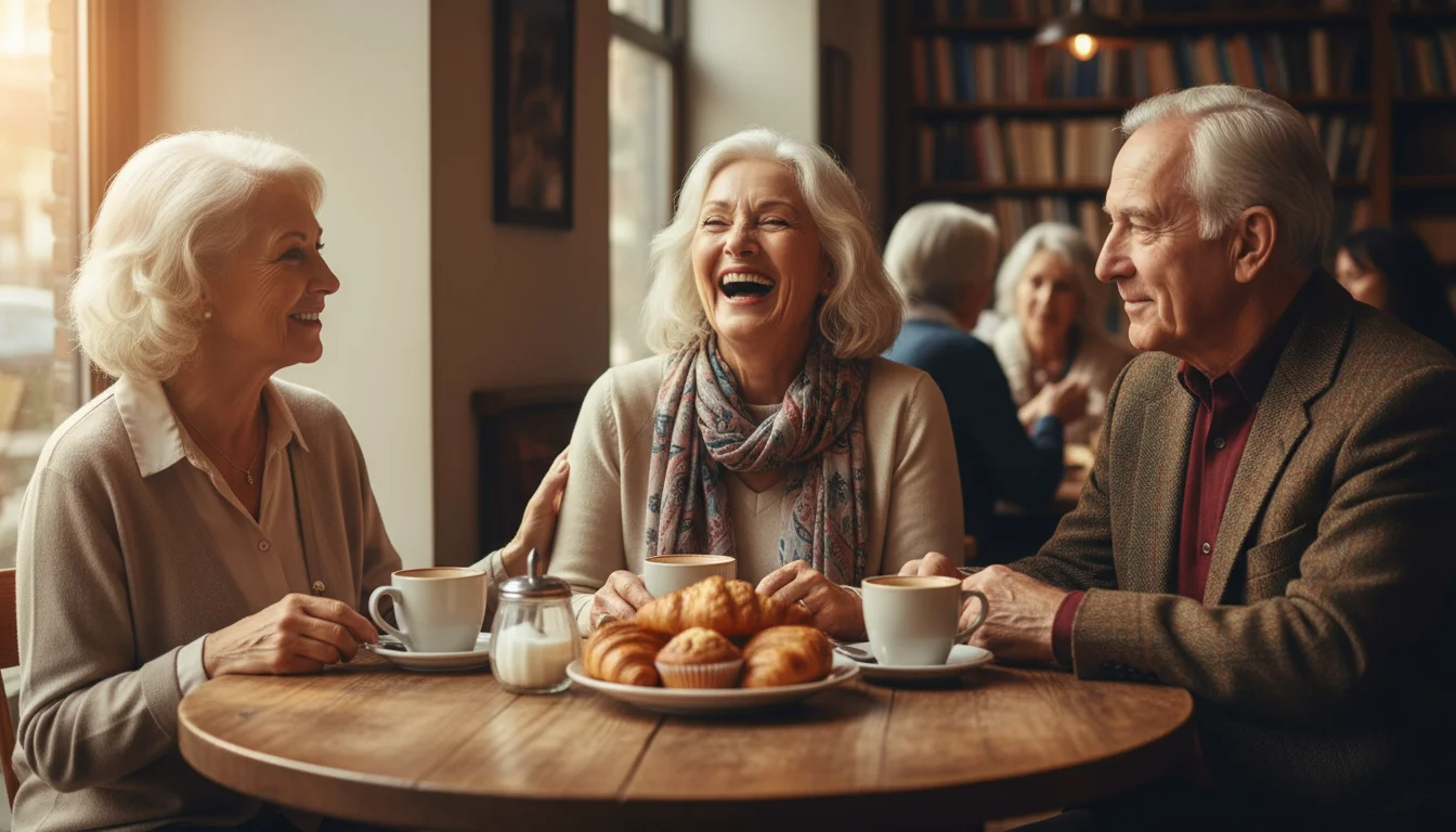 Three older adults, two women and one man, laughing and talking together at a cafe table with coffee cups.