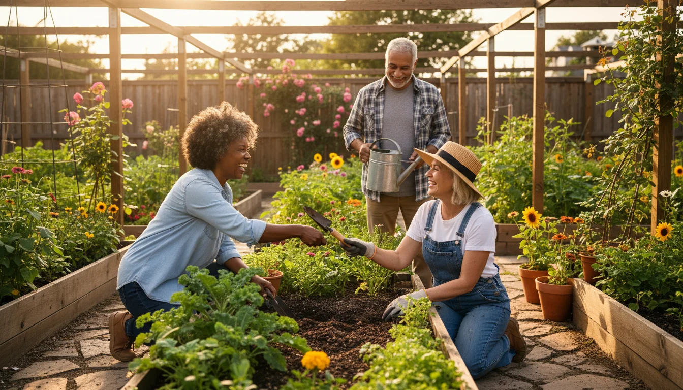 Three older adults, two women and one man in their 60s, laugh and collaborate while gardening in a vibrant community garden.