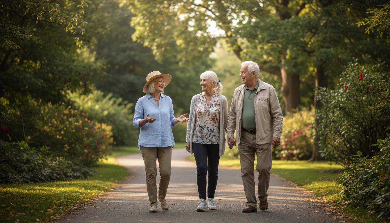 Three older adults walk leisurely on a sunlit park path, conversing and smiling, surrounded by green trees.