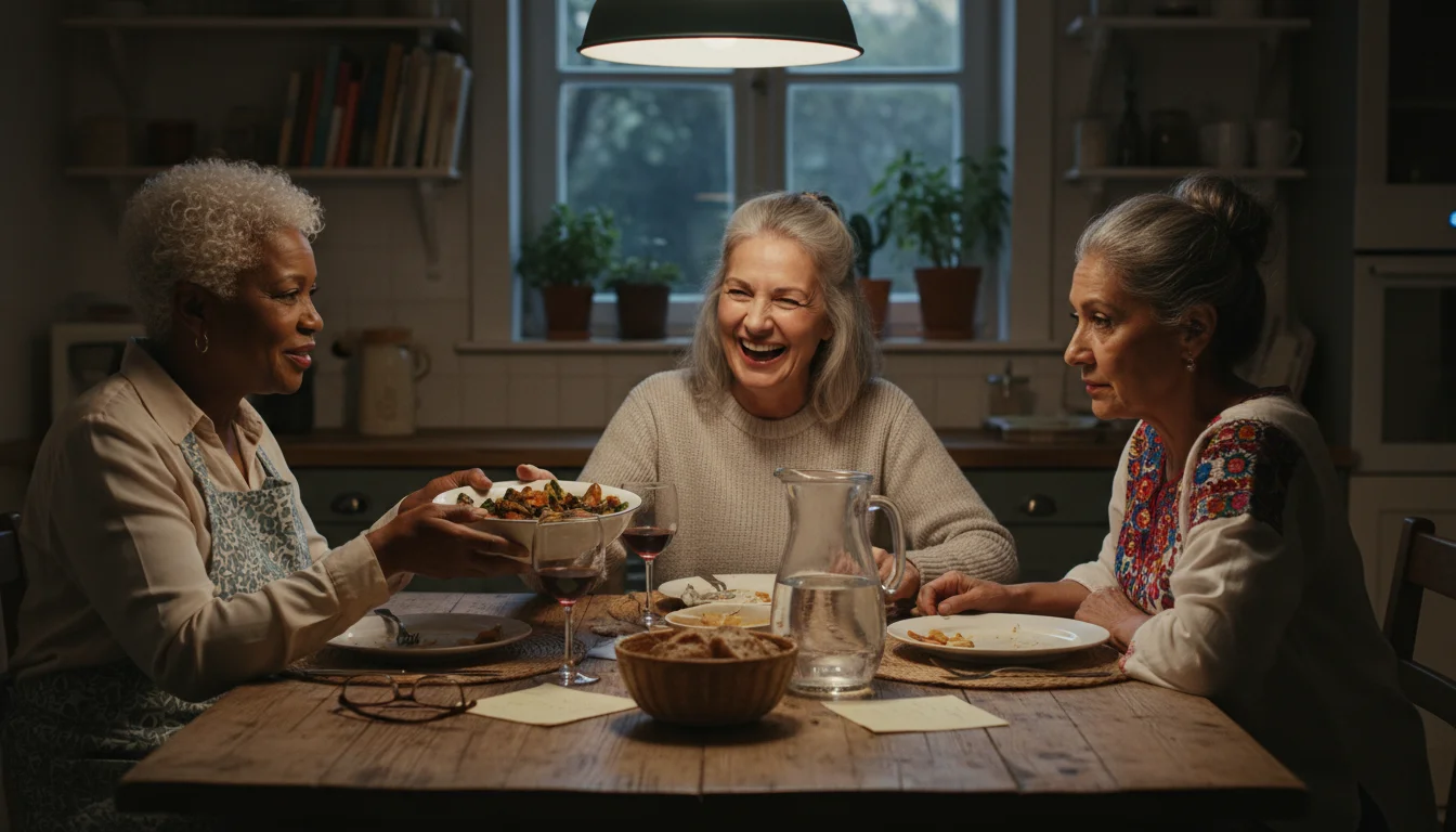 Three older women enjoying a casual dinner together around a wooden kitchen table, laughing and sharing a meal.