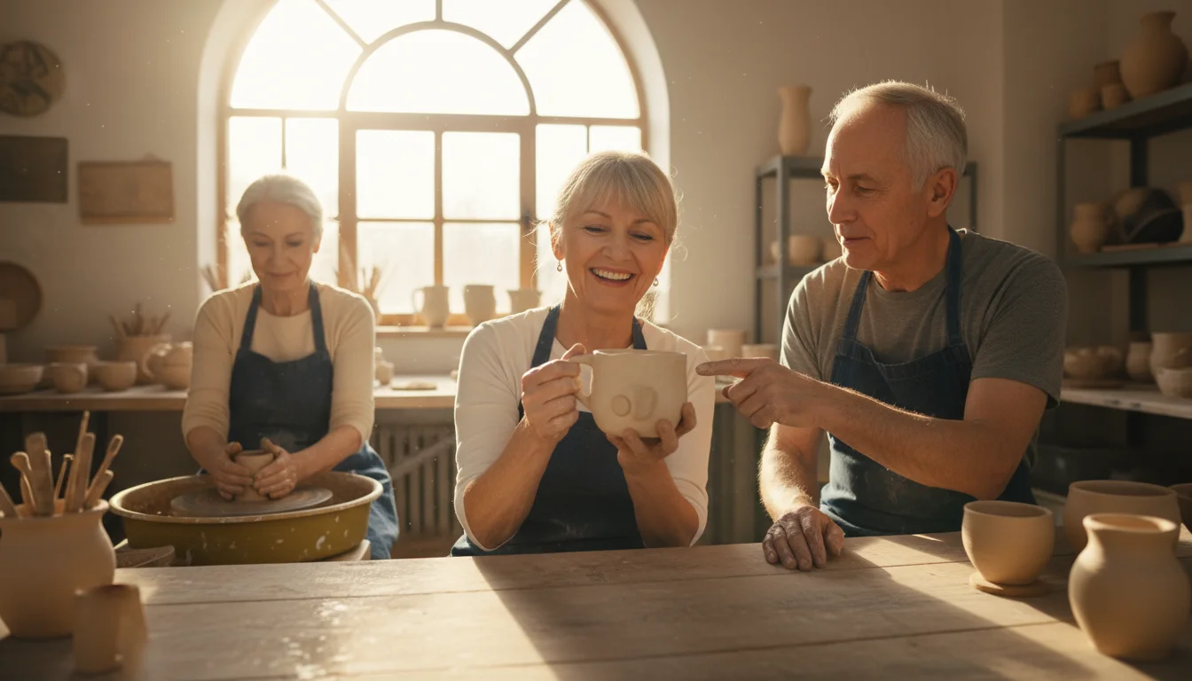 Three seniors in a pottery studio, a woman holding up a slightly imperfect ceramic mug, while a man points to it and another woman smiles.
