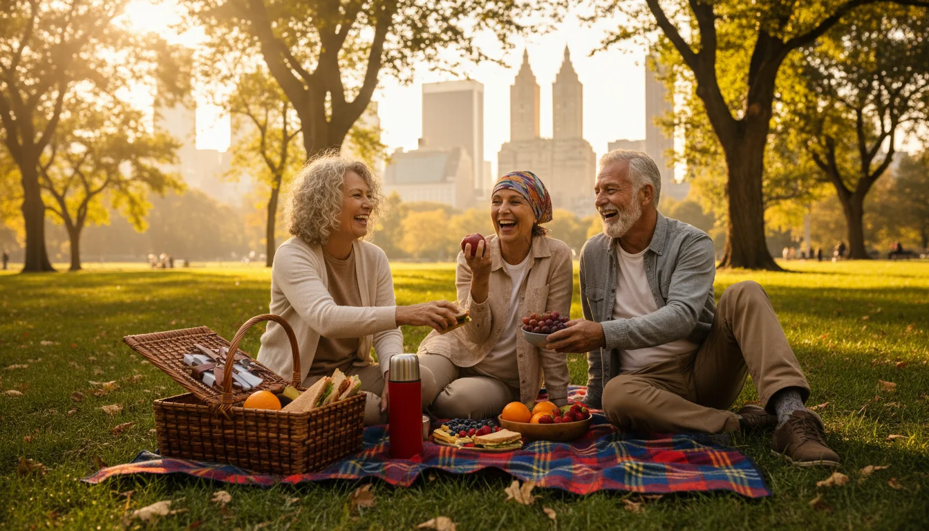 Three seniors, two women and one man, happily share a picnic on a colorful blanket in a sunny Central Park, surrounded by greenery.