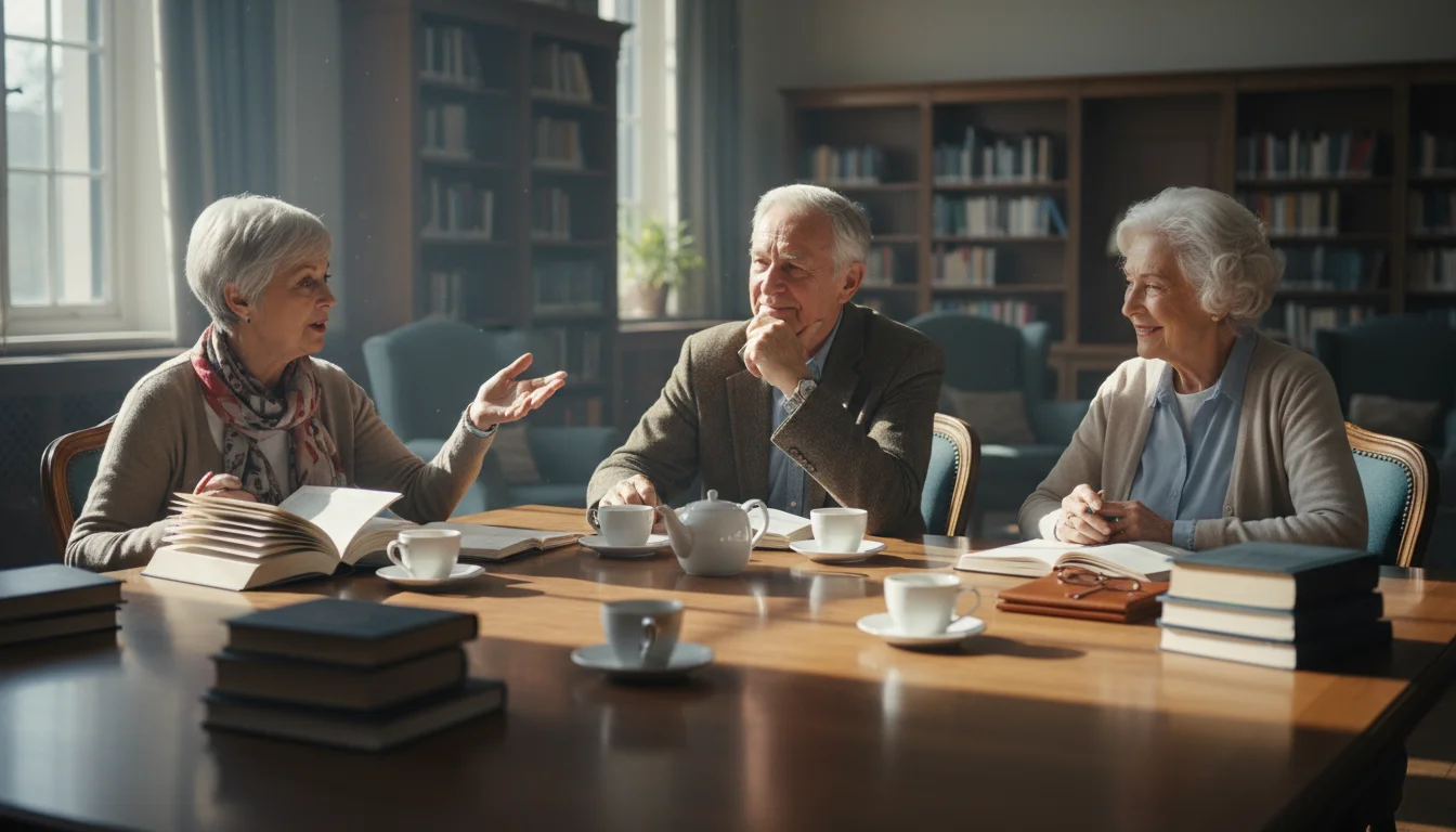 Three smiling older adults, two women and one man, actively discussing a book at a well-lit library book club meeting, surrounded by books and tea cup