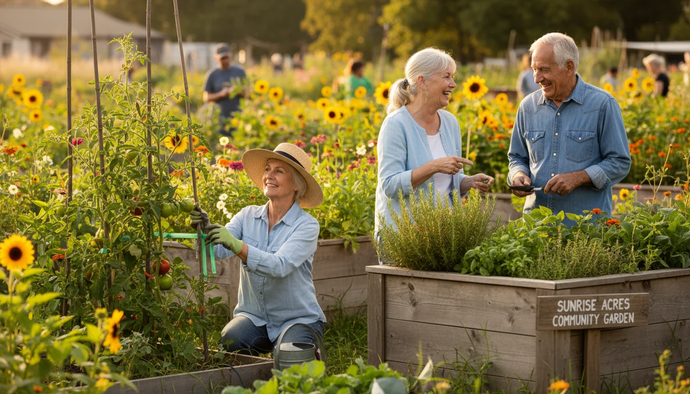 Three smiling older adults, two women and one man, tending plants and chatting in a vibrant community garden plot.
