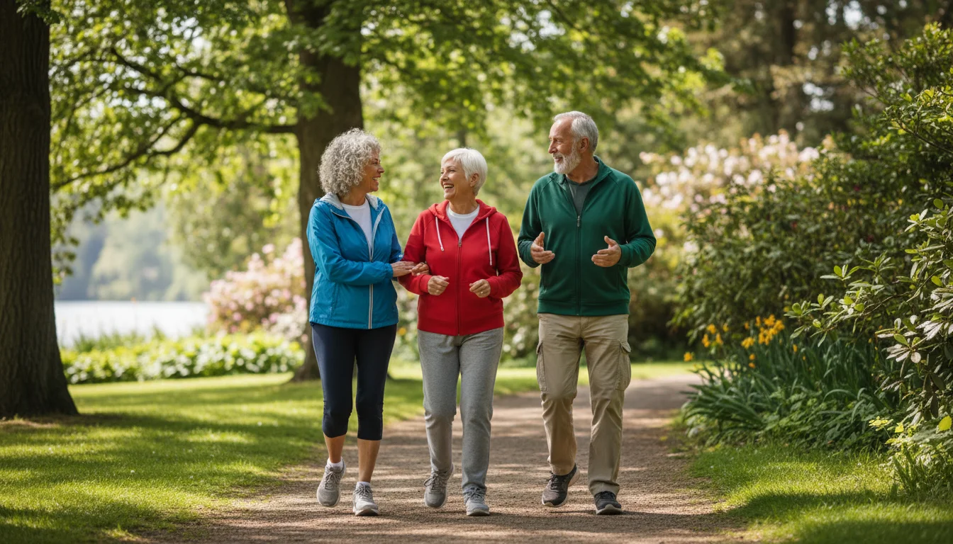 Three smiling seniors, two women and one man, walk briskly together on a sunny park path, engaged in warm conversation.