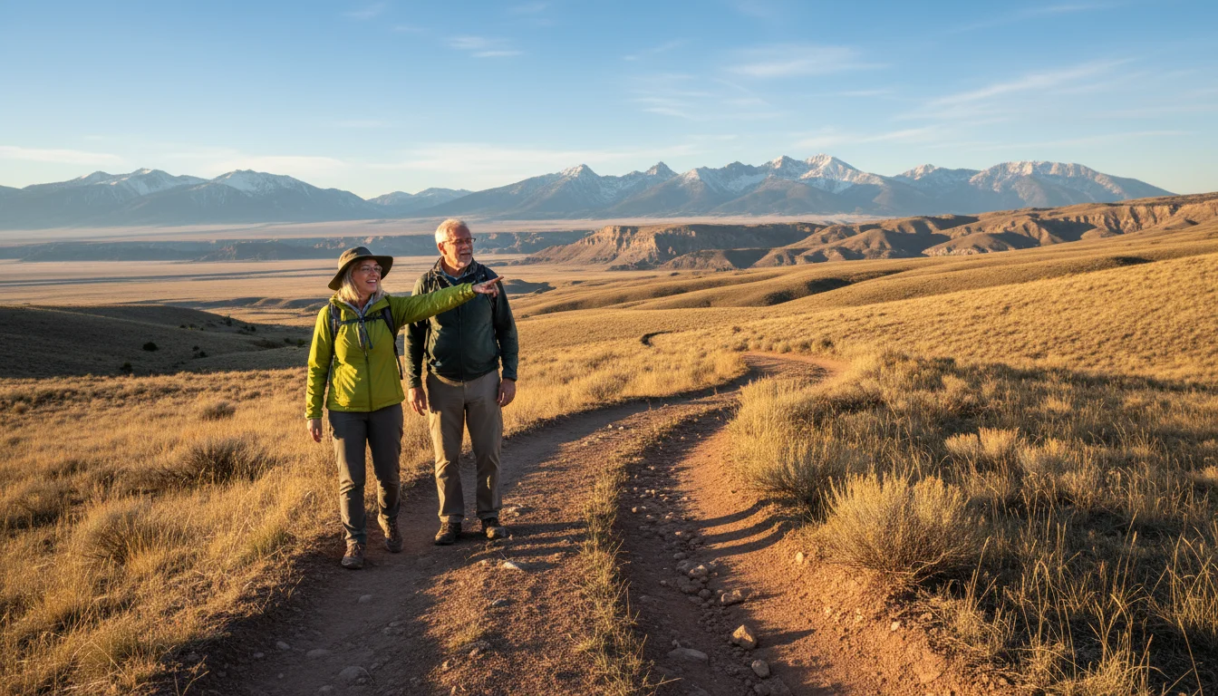 Two active seniors hiking on a dirt trail in Wyoming, a woman pointing towards distant mountains under a clear sky.
