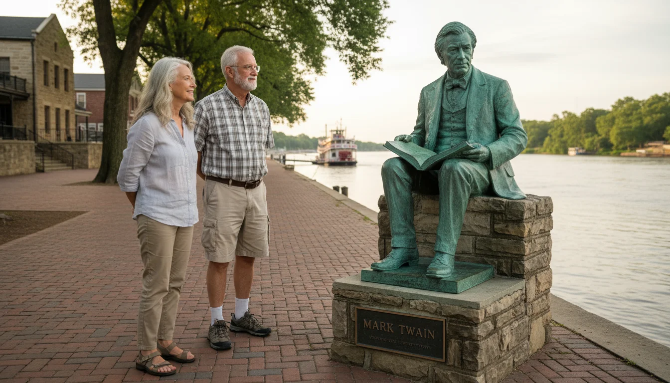 Two active seniors on a historic brick riverfront path, admiring a bronze Mark Twain statue with the Mississippi River behind them.