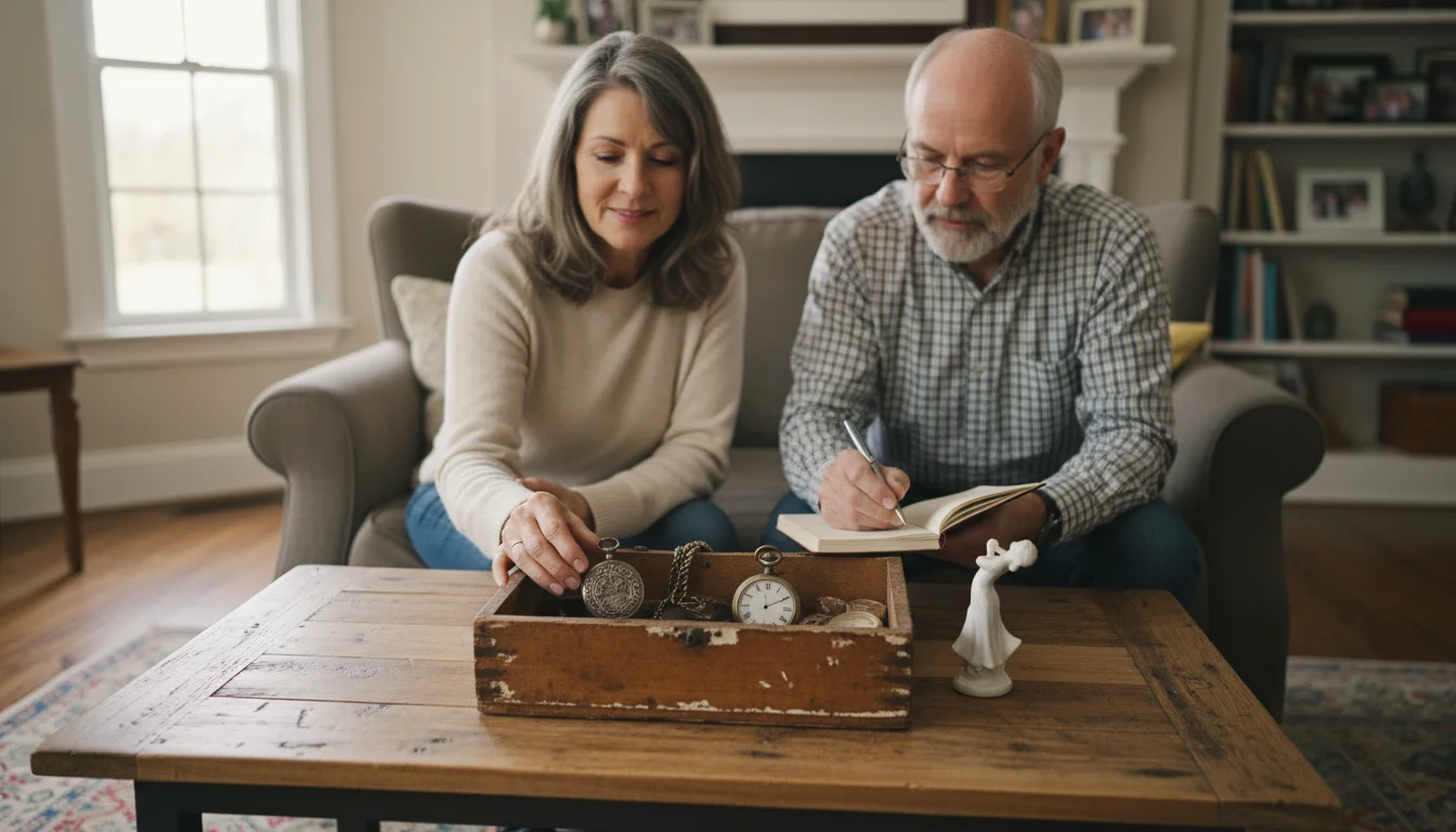 Two adult siblings, a man and a woman, look at sentimental items like a locket and watch in a wooden box on a coffee table, a notebook nearby.