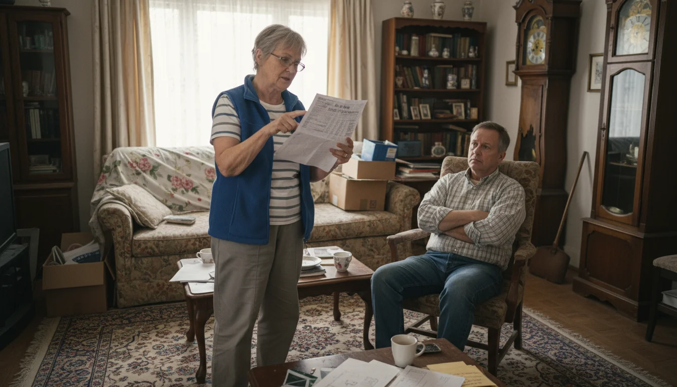 Two adult siblings, a woman and a man, visibly disagreeing while looking at estate documents in a cluttered living room.