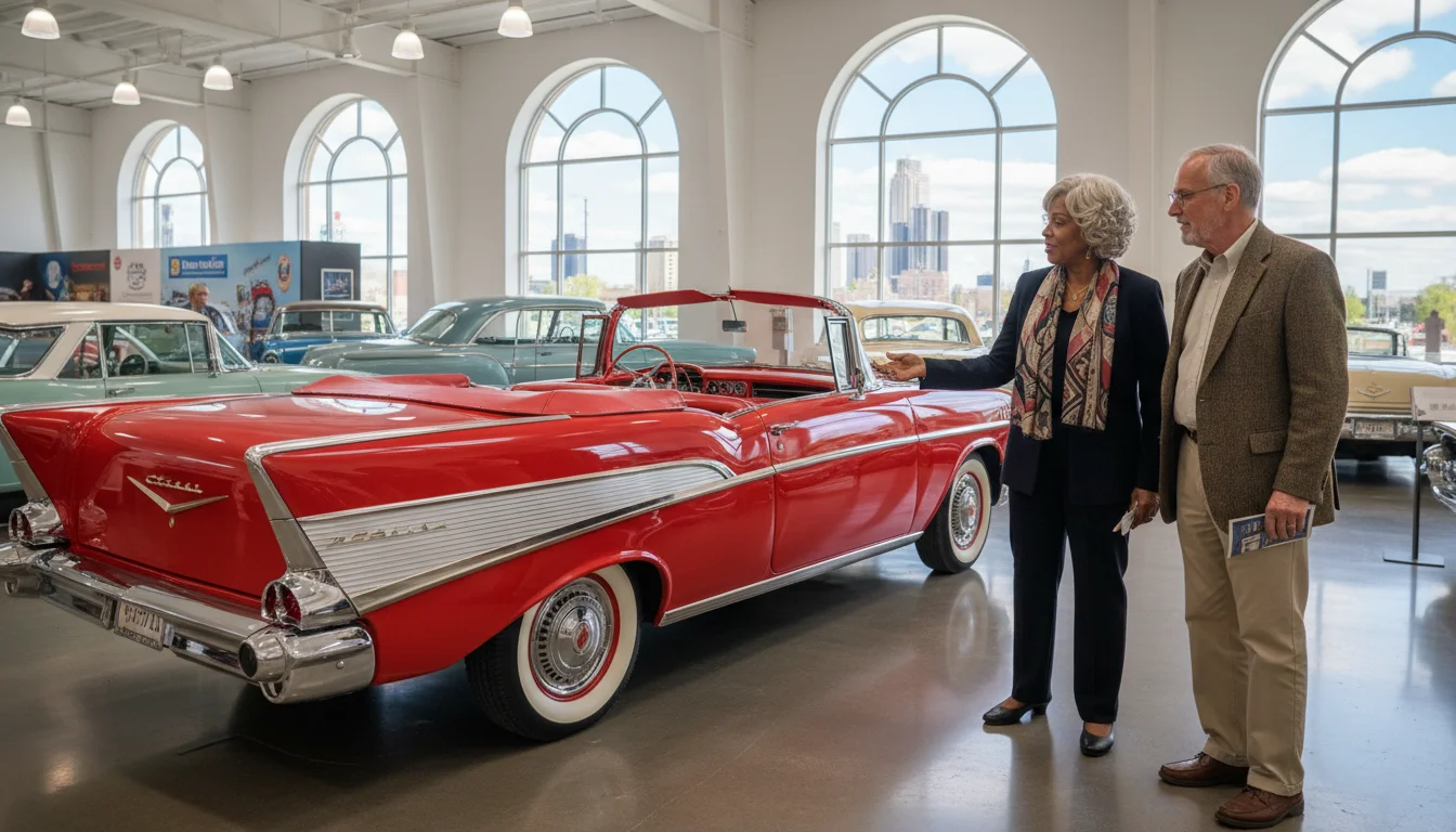 Two older adults, an African American woman and a Caucasian man, observing a gleaming classic 1950s American car inside the spacious Henry Ford Museum