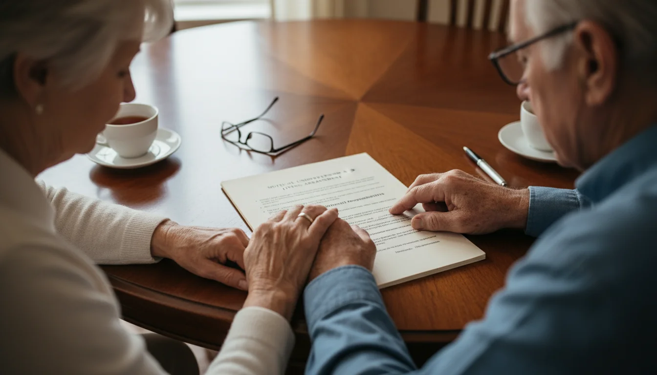 Two older adults' hands carefully reviewing a legal cohabitation agreement laid out on a polished wooden table, with one finger pointing at text.