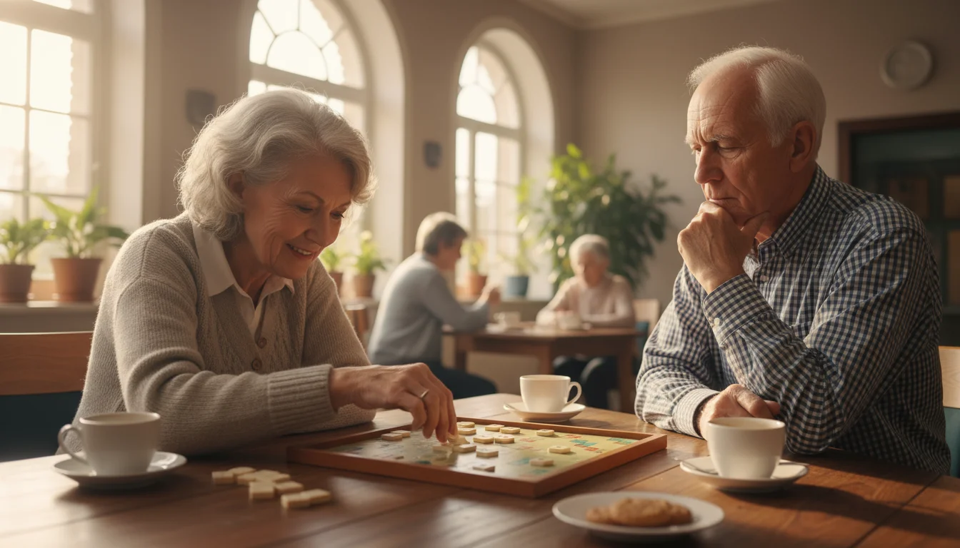 Two older adults, a man and a woman, intently playing Scrabble at a wooden table, both focused on the game board and tiles.