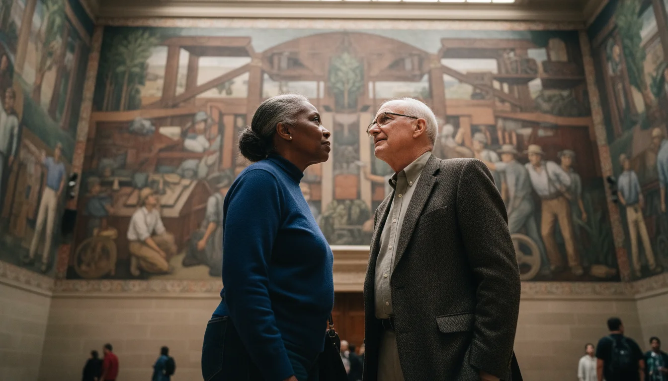 Two older adults, one Black woman and one white man, thoughtfully observing large, detailed murals inside an art museum.