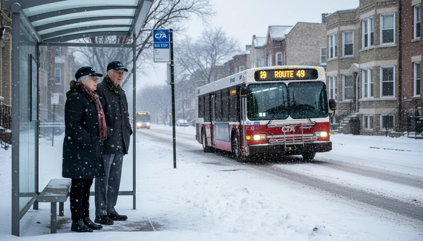 Two older adults wait at a Chicago CTA bus stop on a snowy winter day as a bus approaches.