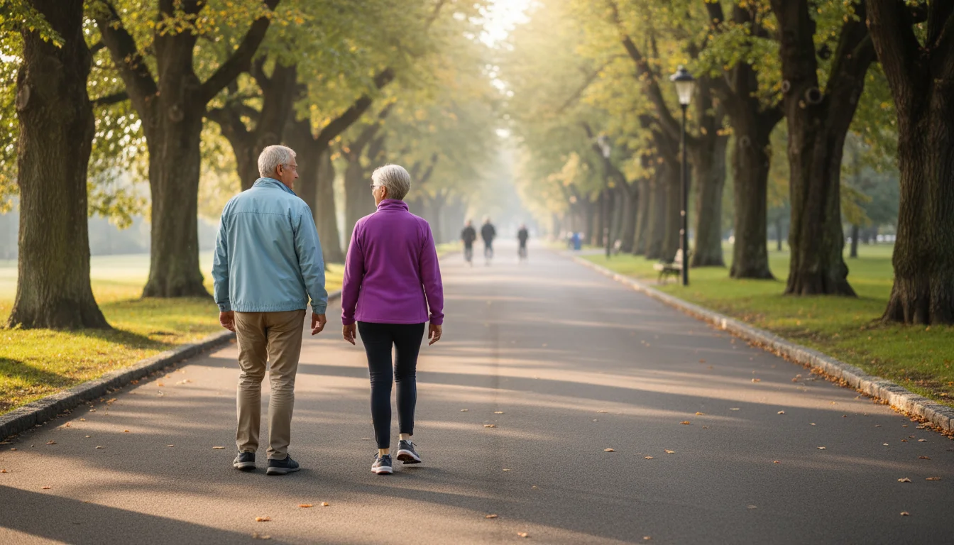 Two older adults walk comfortably side-by-side on a paved park path lined with trees, enjoying a gentle morning stroll.