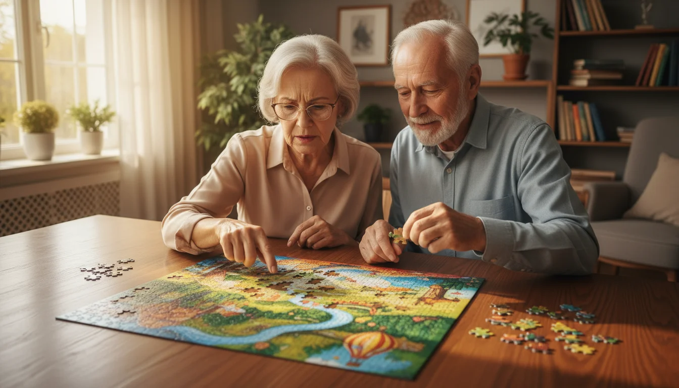 Two older adults, a woman with glasses and a man, work together on a colorful jigsaw puzzle at a wooden table, their hands active.